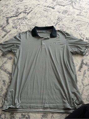 AFTCO Black and White Striped Polo with Solid Black Collar